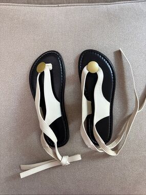 Women's Cream Leather Tie-Strap Sandals with Black Footbed